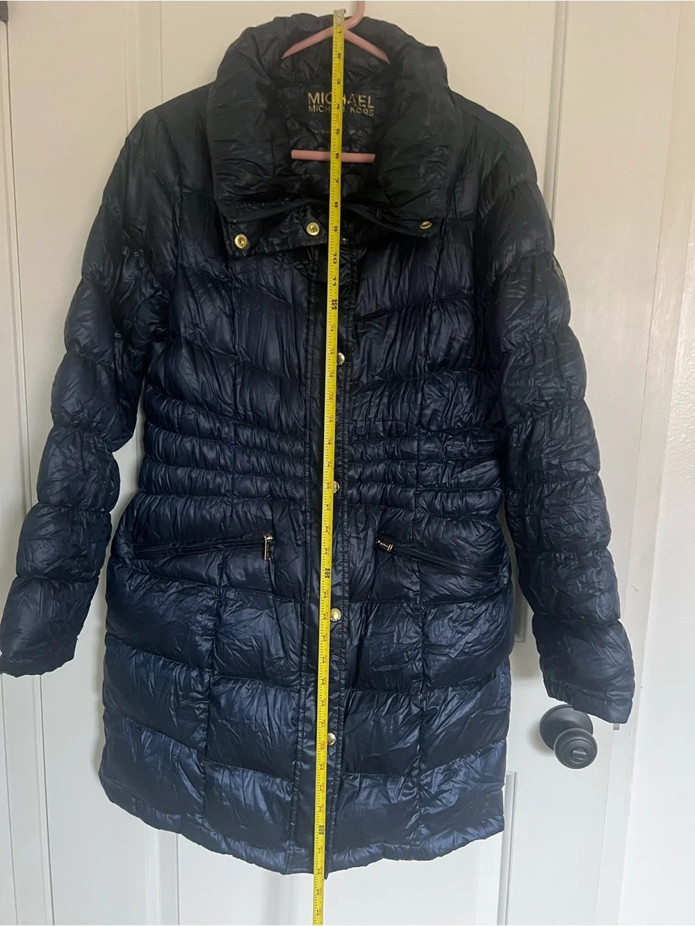 Michael Kors Navy Long Quilted Packable Puffer Coat with Gold-Tone Hardware